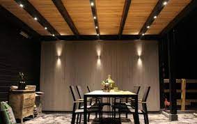 overkapping zwart eiken douglas met led spots en wandlampjes dimbare led verlichting tuinhuis verlichting tuinverlichting ideeen tuin met overkapping