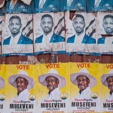 Supporters of uganda's president yoweri museveni chant slogans along the streets ahead of the presidential and parliamentary elections, in kampala, uganda january 12, 2021. 9x4aysdxv3p5lm