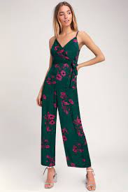 Dark Green Floral Jumpsuit Print Jumpsuit Wide Leg Jumpsuit Lulus