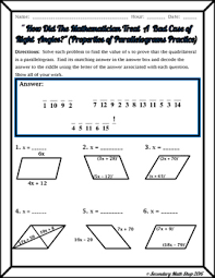 The ratio of two sides of a parallelogram is 10 : Quadrilaterals Properties Of Parallelograms Riddle Worksheet Tpt