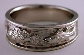Triple Fish Wedding Bands Hunting Wedding Rings Fishing Wedding 14k White Gold Engagement Rings