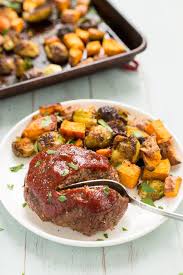 One Pan Mini Meatloaves With Roasted Brussel Sprouts And Sweet Potatoes Heart Stove Recipe Roasted Brussel Roasted Brussel Sprouts Brussel Sprouts