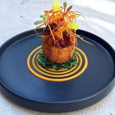 Roasted Sweet Potato Fennel Bleu Cheese Croquette Cran Apple Chutney Wilted Baby Kale Sweet Potat Gourmet Food Plating Roasted Sweet Potatoes Food Plating