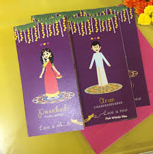 At shubhankar wedding invitations, we offer most exotic indian wedding cards that is filled with lots of love and emotions to invite your guests for sharing blissful memories of your special day. Purple South Indian Theme Based Wedding Invite