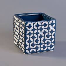 Antique Navy Blue Embossed Square Ceramic Candle Jars Wholesale Candle Jars Wholesale Candle Jars Ceramic Candle