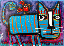 Tracey Ann Finley Original Outsider Raw Folk Aceo Painting Cat Crazy Red Bird Folk Art Cat Art Quilts Painting