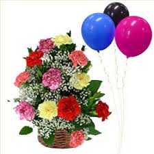 Send online gifts and flowers. Buy Basket Of Mixed Carnations With Balloons Online Get Same Day Mid Night Delivery India Online Florist