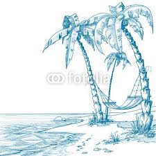 Sticker Plage Tropicale Avec Palmiers Et Hamacs Pixers Nous Vivons Pour Changer Dessin Plage Dessin De Plage Palmier Dessin