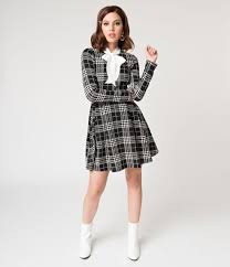 Black White Plaid Long Sleeve Truth Or Flare Dress Unique Vintage 1960s Fashion Fashion Clothes