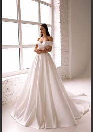 Plain Satin Wedding Dress Off Shoulder Ball Gown Simple Unique Dress With Pockets Classic Elegant Wedding Dress Petite Wedding Dress Wedding Dresses Long Wedding Dresses