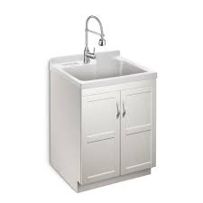 Most laundry sink cabinets are 30 inches wide, 24 inches deep and 34 1/2. Glacier Bay Deluxe All In One 28 Inch 2 Door Laundry Cabinet With Abs Basin And Dual Spray The Home Depot Canada