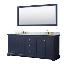 An elegant navy and gold bathroom with striped wallpaper walls, chic artworks and a catchy vintage vanity white as the main color, a bold blue vanity, gold fixtures, catchy mirrors in gold frames for a super chic look Avery 80 Double Bathroom Vanity Dark Blue Beautiful Bathroom Furniture For Every Home Wyndham Collection