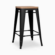 Metal kitchen stools with wooden seats design. Black With Natural Wood Seat 66cm Tolix Style Stool Bistro Stools