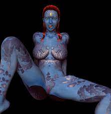 1girls 3d blue blue skin breasts chup@cabra facial markings  female green eyes leg up long hair looking at viewer markings marvel marvel  comics milf mutant mystique nipples nude open