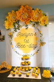 Bumble bee gnome loves his bees so much he dresses like them. Bee Day Party Backdrop Bumble Bee Birthday Banner Bee Birthday Theme Bee Birthday Party 1st Birthday Party For Girls