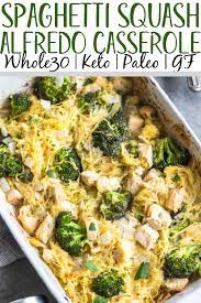 This Simple Chicken Alfredo Spaghetti Squash Casserole Is Filled With Broccoli And Onions An In 2021 Chicken Dinner Recipes Spaghetti Squash Casserole Chicken Alfredo