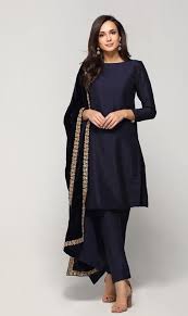 Navy Blue Silk Kameez Short Length Custom Made Dress Punjabi Suit Fitted Pant Chiffon Dupatta Indian Womens Party Wear Dresses Custom Made In 2020 Party Wear Dresses Simple Pakistani Dresses Dress