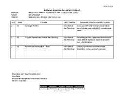 No.keluaran tarikh keluaran no.pindaan tarikh pindaan tarikh berkuatkuasa 06 01 disember. Borang Maklum Balas Mesyuarat Panitia Rbt Kali Kedua 2017