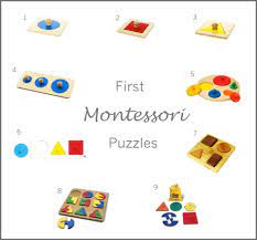 The basic montessori geometric puzzle is a material that contains 3 different wooden shapes for the child to fit into the correct space. A Guide To First Montessori Puzzles How We Montessori