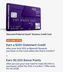 Bonus is broken down as follows: Starwood Preferred Guest Business Credit Card 90 000 Bonus Points 100 Statement Credit