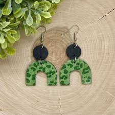Green earrings, leopard print, cheetah print, cork, jewelry, green and black