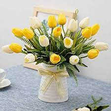 Amazon Com Yiliyajia Artificial Tulips Flowers With Ceramics Vase Fake Tulip Bridal Bouquets Re Tulips In Vase Tulips Arrangement Sunflower Table Centerpieces