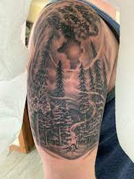 Night Sky Campfire Forest Tattoo Forest Tattoo Sleeve Forest Tattoos Mens Shoulder Tattoo