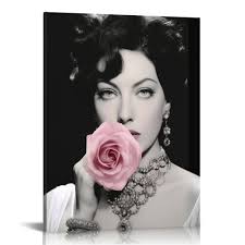 COMIO Ava Gardner Black and White Portrait Pink Blooming Rose Flower Canvas  Wall Art Print Icon Pop Art Glam Fashion Vintage Vanity Room Bedroom Modern  Home Decor