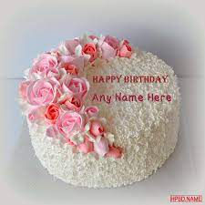 Blue flower happy birthday cake with name. Happy Birthday Pink Flowers Cake With Your Name