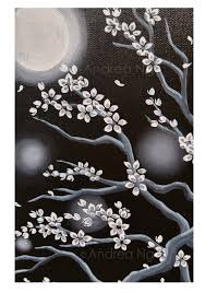 Black And White Cherry Blossom Wall Art Black And White Cherry Blossom Moon Painting Original Art Etsy Cherry Blossom Painting White Cherry Blossom Dark Paintings