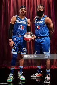 Russel Westbrook And James Harden Of Team Lebron Pose For A Portrait James Harden Westbrook Westbrook Nba