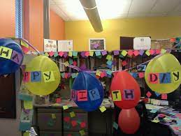 Cool Yet Annoying Way To Decorate A Office For A Birthday Christmas Cubicle Decorations Office Birthday Decorations Office Birthday