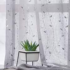 Kotile Grey Sheer Curtains 84 Inches Length Metallic Silver Embossed Branch Leaf Window Curtains Sheer Gray Sheer Curtains Leaf Curtains Window Curtain Rods