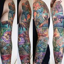 Man With Full Sleeve Marvel Comic Strip Theme Tattoo Design Full Sleeve Tattoos Marvel Tattoo Sleeve Sleeve Tattoos