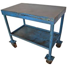 Industrial Work Table Bar Cart On Wheels In Blue Painted Steel 1stdibs Com Work Table Vintage Industrial Design Your Home