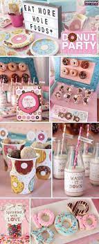The set includes donut party hats, cupcake wrappers, cupcake toppers, and a donut birthday banner. Donut Party Birthday Ideas Donut Birthday Parties Donut Theme Party Donut Themed Birthday Party