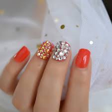 Krotkie Kwadratowe Paznokcie Rhinestone Truskawkowe Czerwone