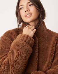 Miss Selfridge St Moritz Borg Half Zip Top in Natural