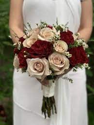 Burgundy silk wedding bouquets with artificial flowers & faux greenery. Champagne And Burgundy Bridal Bouquet Fresno Florist Signature Floral Designs Fresno Tx Flower Shop