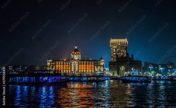Beautiful Gateway of India near Taj Palace hotel on the Mumbai harbour with many jetties on Arabian sea Stock Photo | Adobe Stock