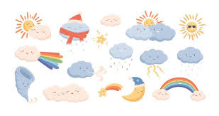 Cute Weather Phenomena Clouds Wind Rainbow Thunderstorm Tornado Snow Rain Sun And Crescent Moon Adorable Cartoon Characters Isolated On White Background Childish Vector Illustration Buy This Stock Vector And Explore Vector cartoon moon and stars with clods icon in comic style. cute weather phenomena clouds wind