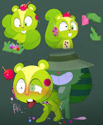2boys anthro blush candy candy cane food furry grabbing own tail  green eyes green fur grin happy tree friends hat lollipop mu111777 nutty  (htf) open mouth raccoon shifty (htf)