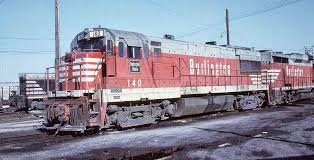 Eddie's Rail Fan Page: Chicago, Burlington & Quincy Railroad -General  Electric U 28B diesel electric locomotive # 140. April 1968. Dave Gross  photograph.