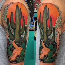 Green Cactus Desert Themed Half Sleeve Guys Tattoos Cactus Tattoo Tattoo Designs Men Half Sleeve Tattoo