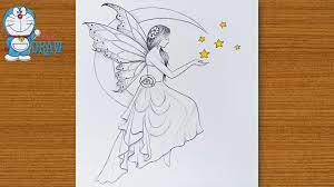 Moon easy simple fairy drawing. How To Draw A Fairy Girl Sitting On The Moon Pencil Drawing How To Sketch Fairy Dreams Scenery Youtube