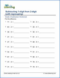 Grade 3 Subtraction Worksheet Subtracting A 1 Digit From A 2 Digit Number With Regrouping Decimals Worksheets Math Worksheets Grade 5 Math Worksheets