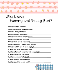Or, perhaps your group is more interested in baby shower craft activities over the traditional baby shower game. Free Printable Who Knows Mommy And Daddy Best Game Free Baby Shower Printables Printable Baby Shower Games Baby Shower Party Games