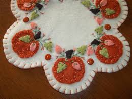 Primitive Country Pumpkins Candle Mat Mug Rug W Fs Penny Rug Patterns Felted Wool Crafts Wool Crafts