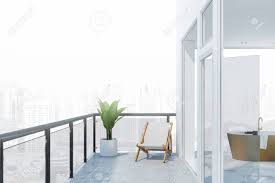 Blue and white marble bathrooms apartment. Balcony With City View And Armchair In Luxury Apartment With White Marble Floor Bathroom Beige Bathtub Near Panoramic Window 3d Rendering Stock Photo Picture And Royalty Free Image Image 121456122