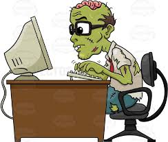 Glasses Wearing Green Zombie Office Worker Missing Top Half Of Skull Exposed Brain Sits At Desk Typing At Computer Working Hard Work Hard How To Wear Wear Green